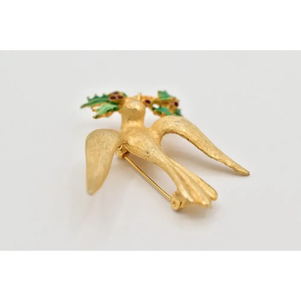 Mylu Vintage Christmas Bird Pin Brooch Brushed Gold Holiday Signed 1950s BinBK